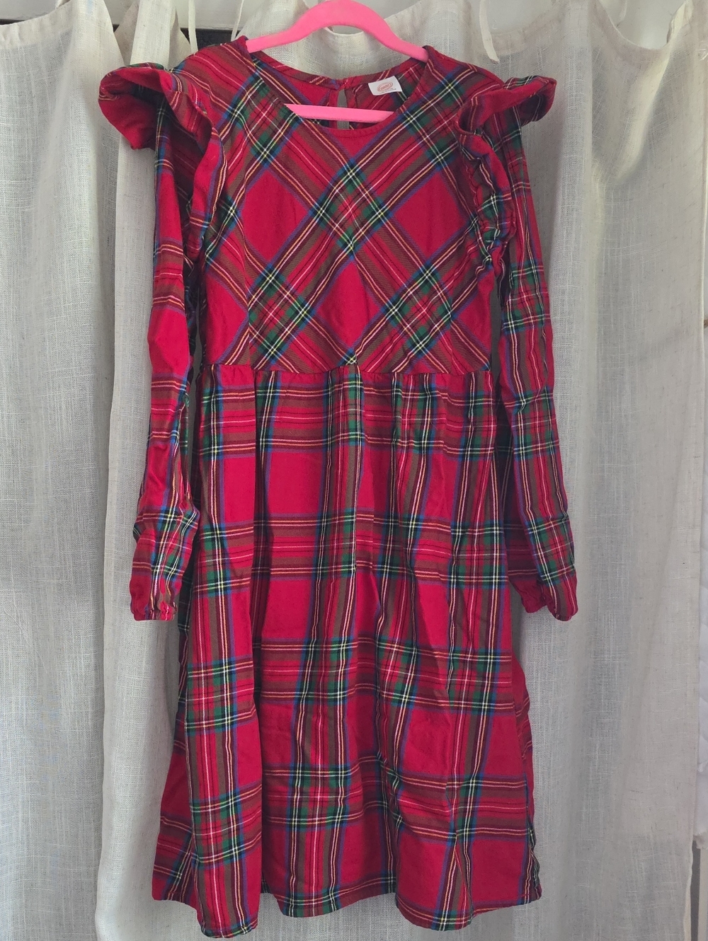 wonder nation Red Green Plaid Ruffle-Shoulder Holiday Dress